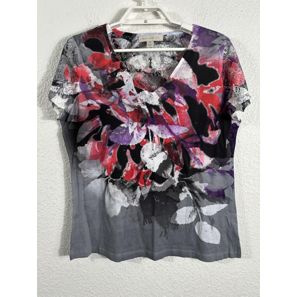 Laura Ashley Shirt Womens Medium Gray Purple Red Floral Lace Sheer Short Sleeve
